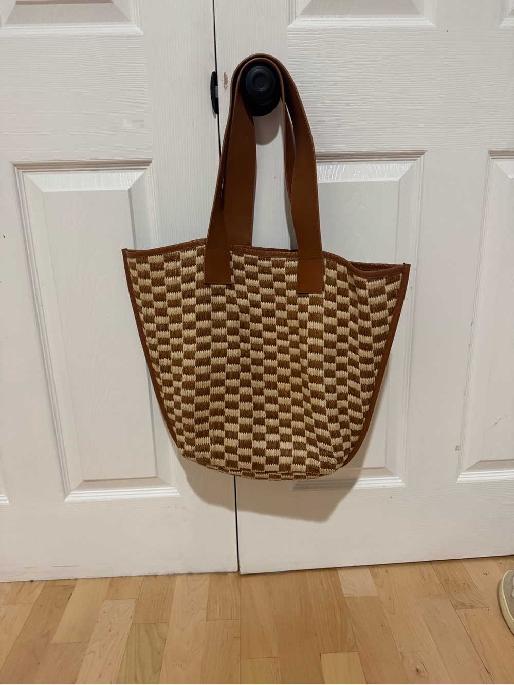 Anthropologie Brown and Cream Checkered Woven Tote